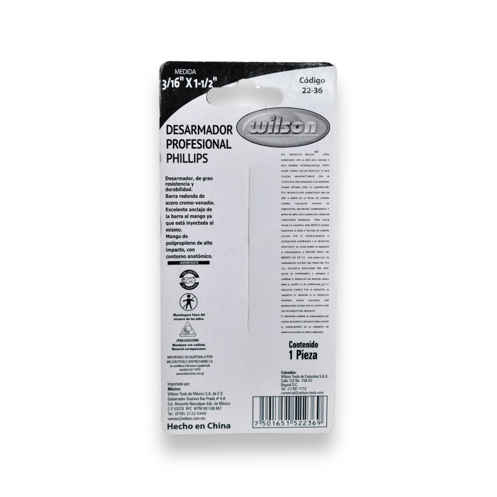 Desarmador Wilson 22-36 | Punta Philips (Cruz) | 3/16" x 1-1/2"