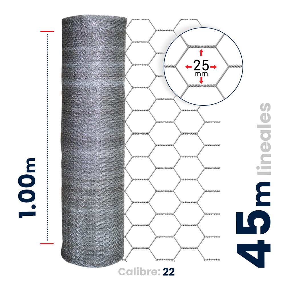 Malla Hexagonal Galvanizada Akron 60-04 | Alto 1.00m | Rollo 45m | Abertura 25mm | Calibre 22