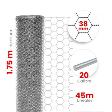 Malla Hexagonal Akron 60-09 | Alto 1.75m | Largo 45m | Abertura 38mm | Calibre 20