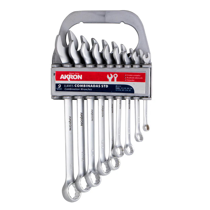 Juego de Llaves Combinadas 65-45 | 9 Piezas | Estándar | Cromo Vanadio | Acabado Plateado