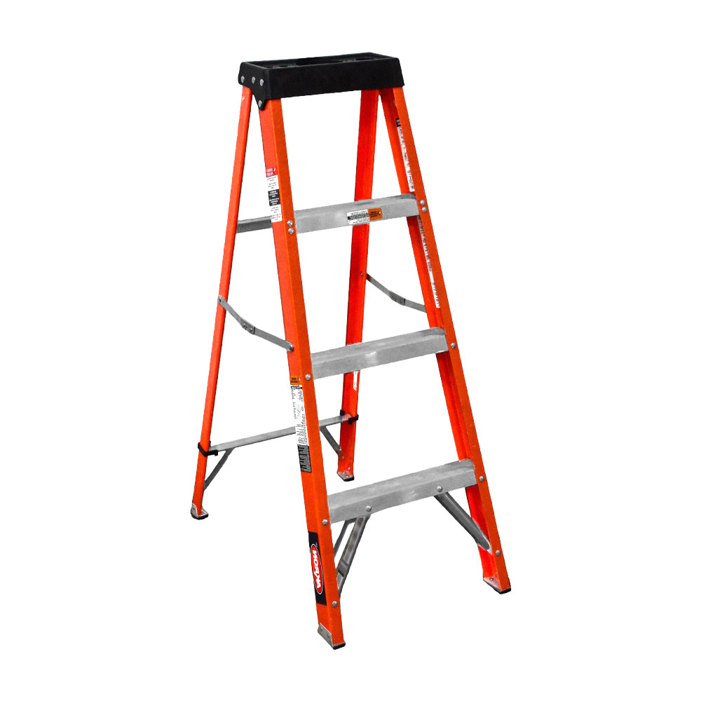 Escalera De Tijera Akron 80-91 | De Fibra de Vidrio | 1.22m | 3 Escalones | Uso Industrial Pesado | Tipo lA | Capacidad de Carga 225kg