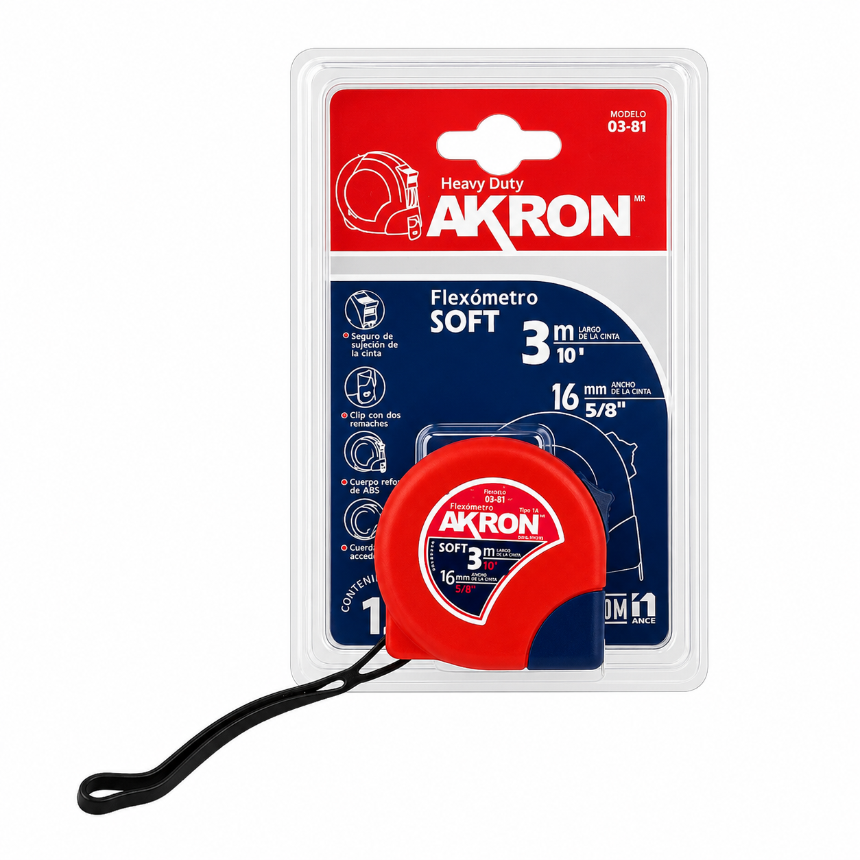 Flexómetro Akron 03-81SB | Medida 3m x 16mm | Acabado Soft Touch