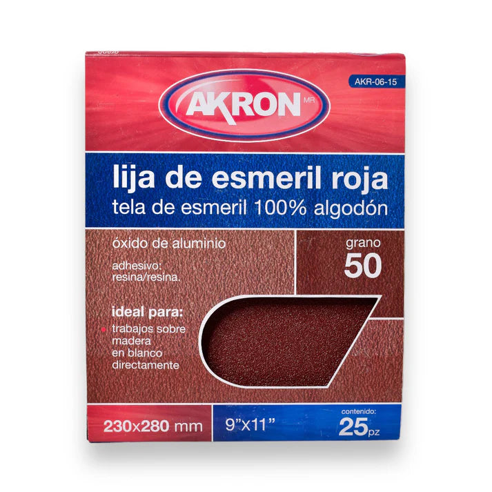 Lija de Esmeril Rojo Akron AKR06-15 | Grano 50 | 25 Hojas