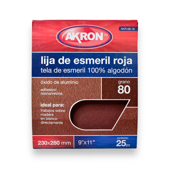 Lija de Esmeril Rojo Akron AKR06-16 | Grano 80 | 25 Hojas