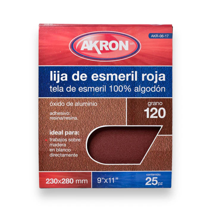 Lija de Esmeril Rojo Akron AKR06-17 | Grano 120 | 25 Hojas