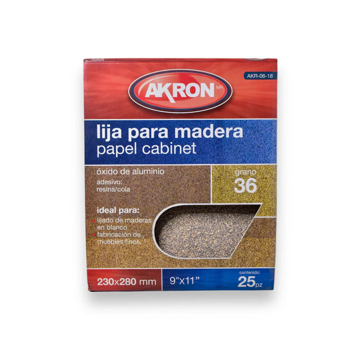 Lija de Madera Akron AKR06-18 | Grano 36 | 25 Hojas