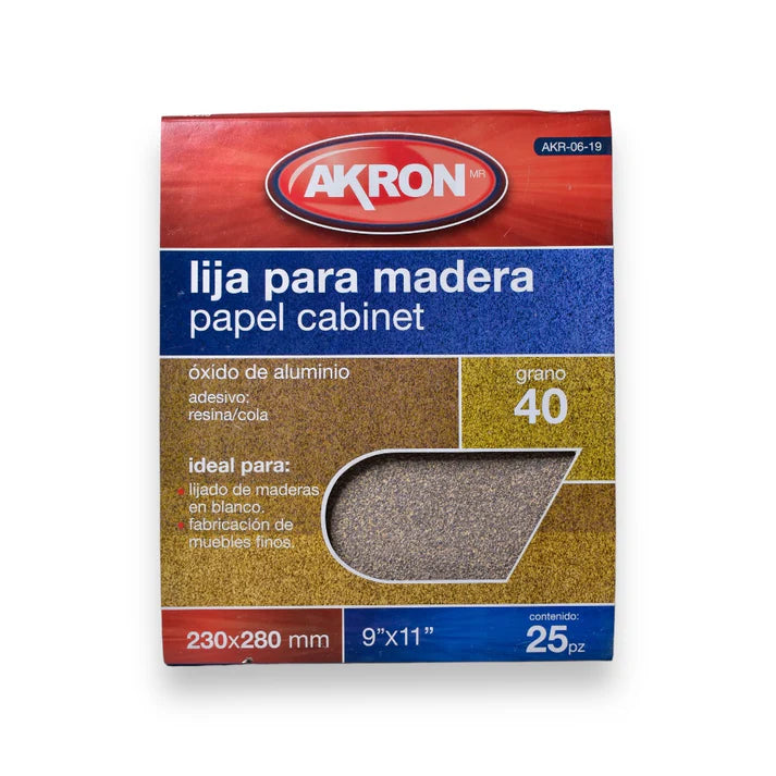 Lija de Madera Akron AKR06-19 | Grano 40  | 25 Hojas
