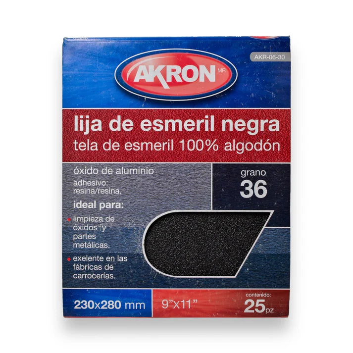 Lija de Esmeril Negro Akron AKR06-30 | Grano 36 | 25 Hojas