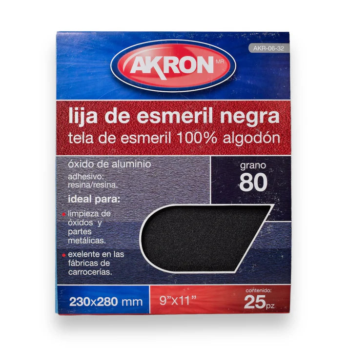 Lija de Esmeril Negro Akron AKR06-32 | Grano 80 | 25 Hojas