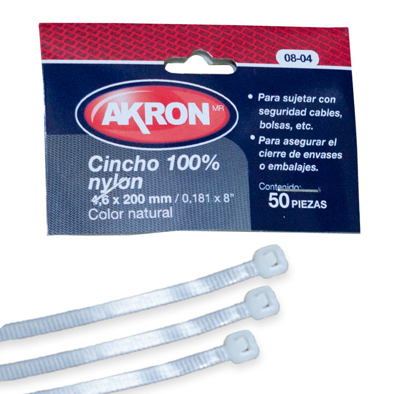 Cinchos de Plástico Akron 08-04 | Color Blanco |  50 Pzs  | 4.6 x 200 mm