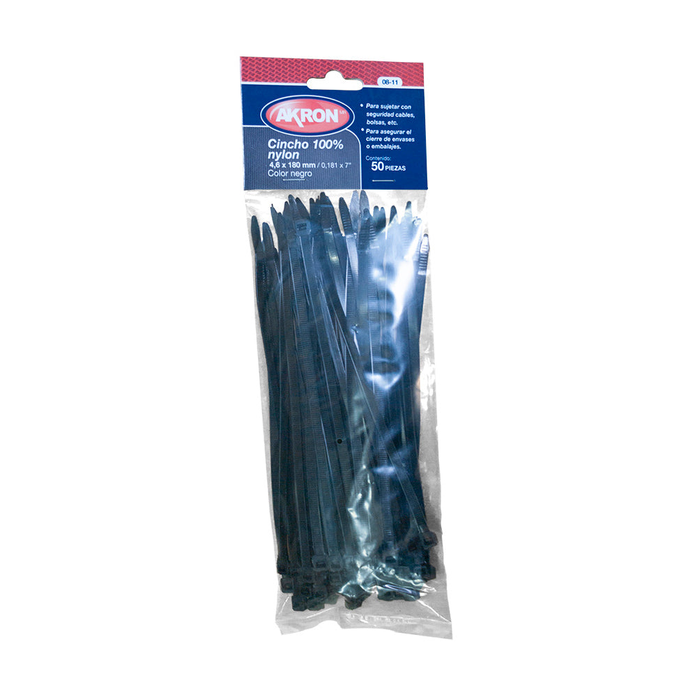 Cinchos de Plástico Akron 08-11 | Color Negro | 50 Pzs | 4.6 x 180 mm