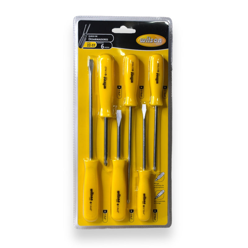 Kit de Desarmadores 6 pzs, 1/4" y 3/16", Planos y de Cruz, en 3" y 6" de Largo