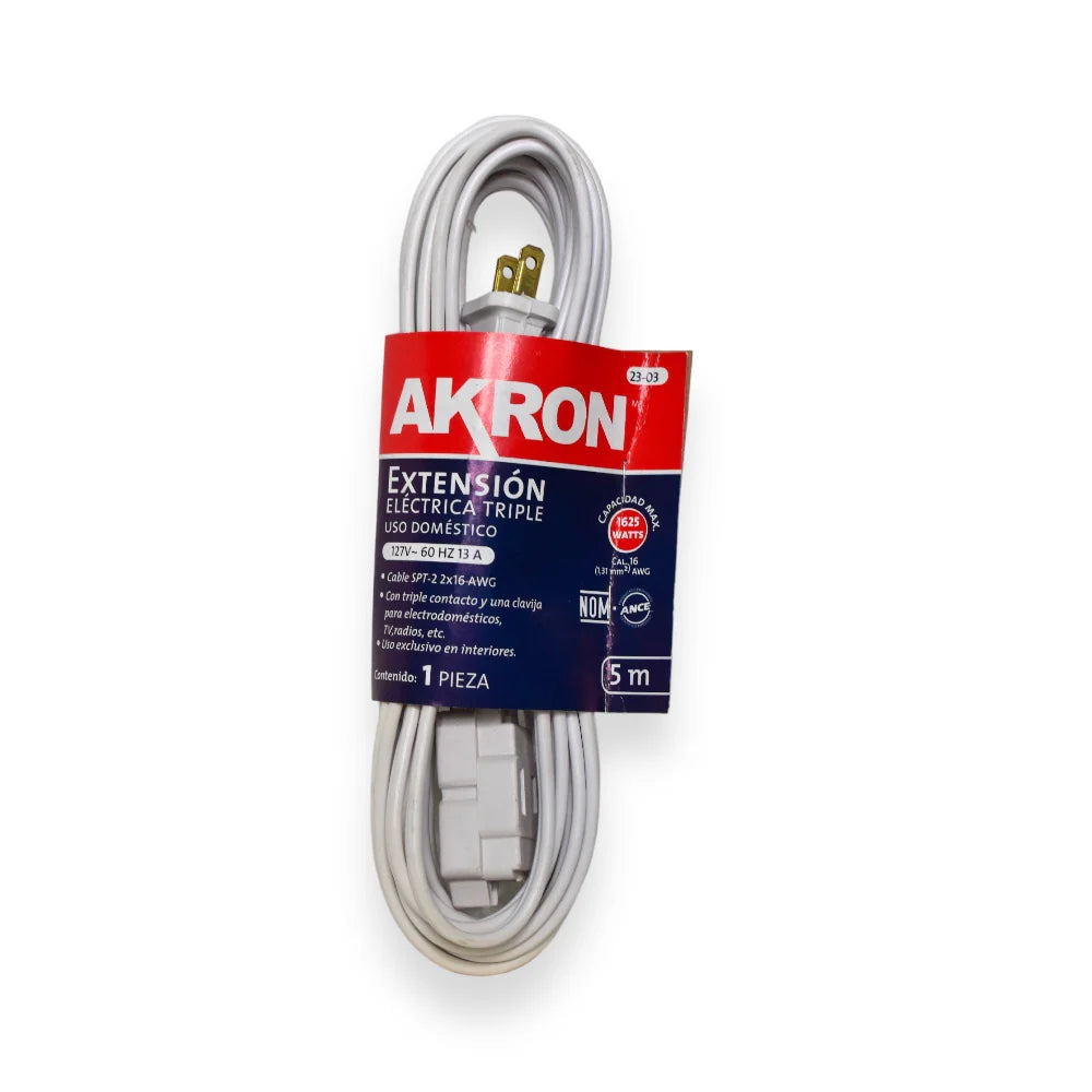 Extensión Eléctrica Akron 23-03 | 5m | Blanca | Uso Doméstico | Calibre 16