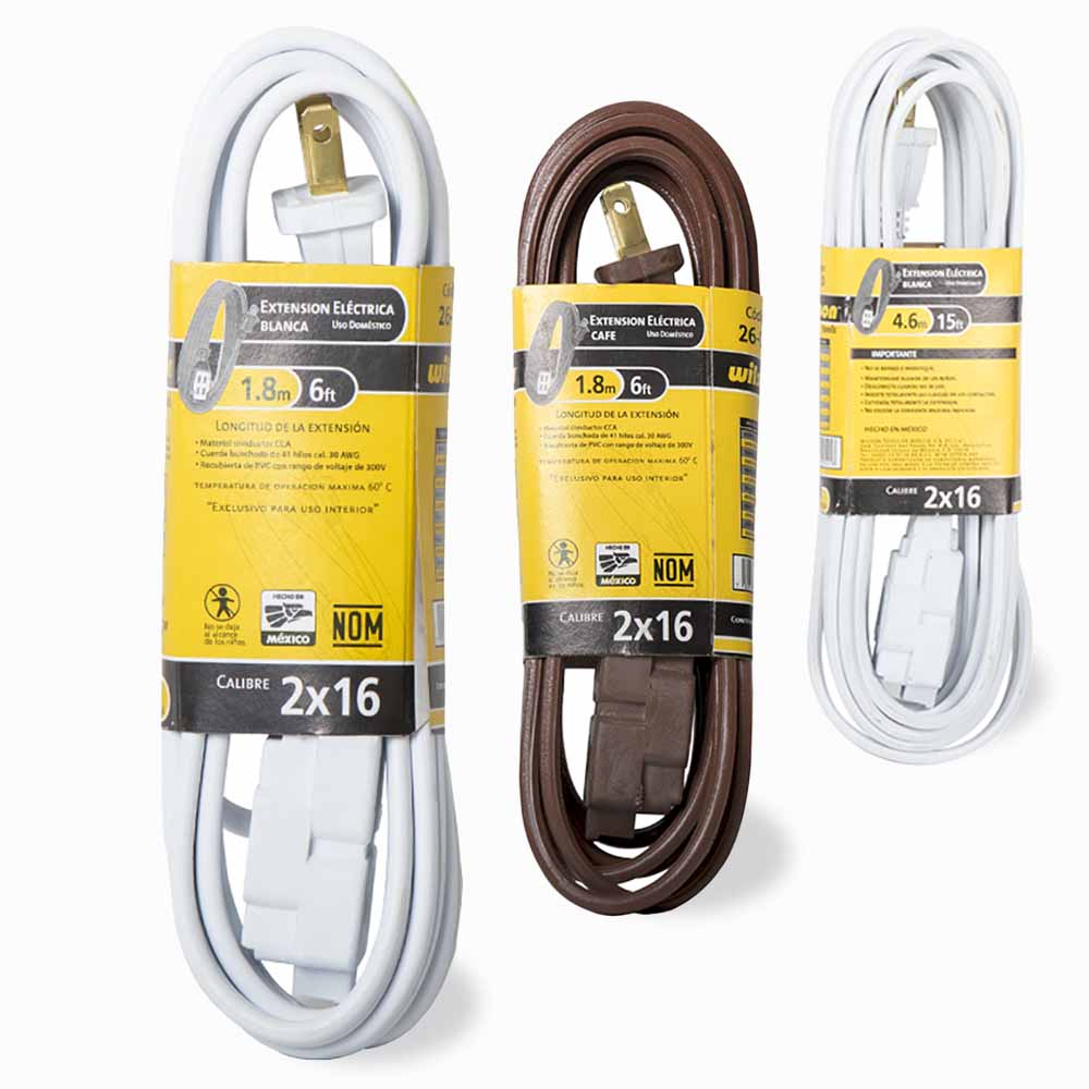 Extensión Eléctrica 1.5, 1.8, 2.7, 3.6, 4.6, 6.1 mts en Blanco y Café - Blanco, 1.8mts