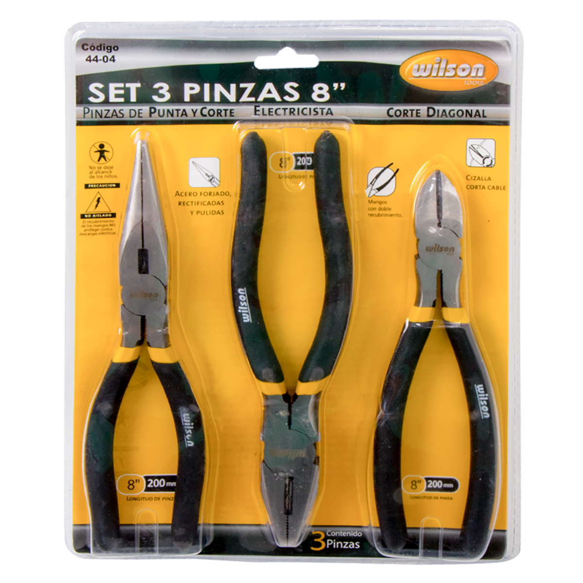 Juego de 3 Piezas de Pinzas: Punta, Electricista y Corte