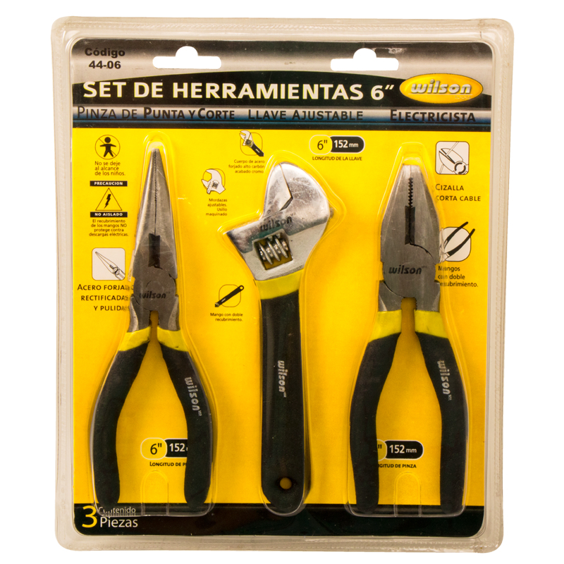 Kit de 3 pzs: Pinza de Punta, Electricista y Llave Ajustable