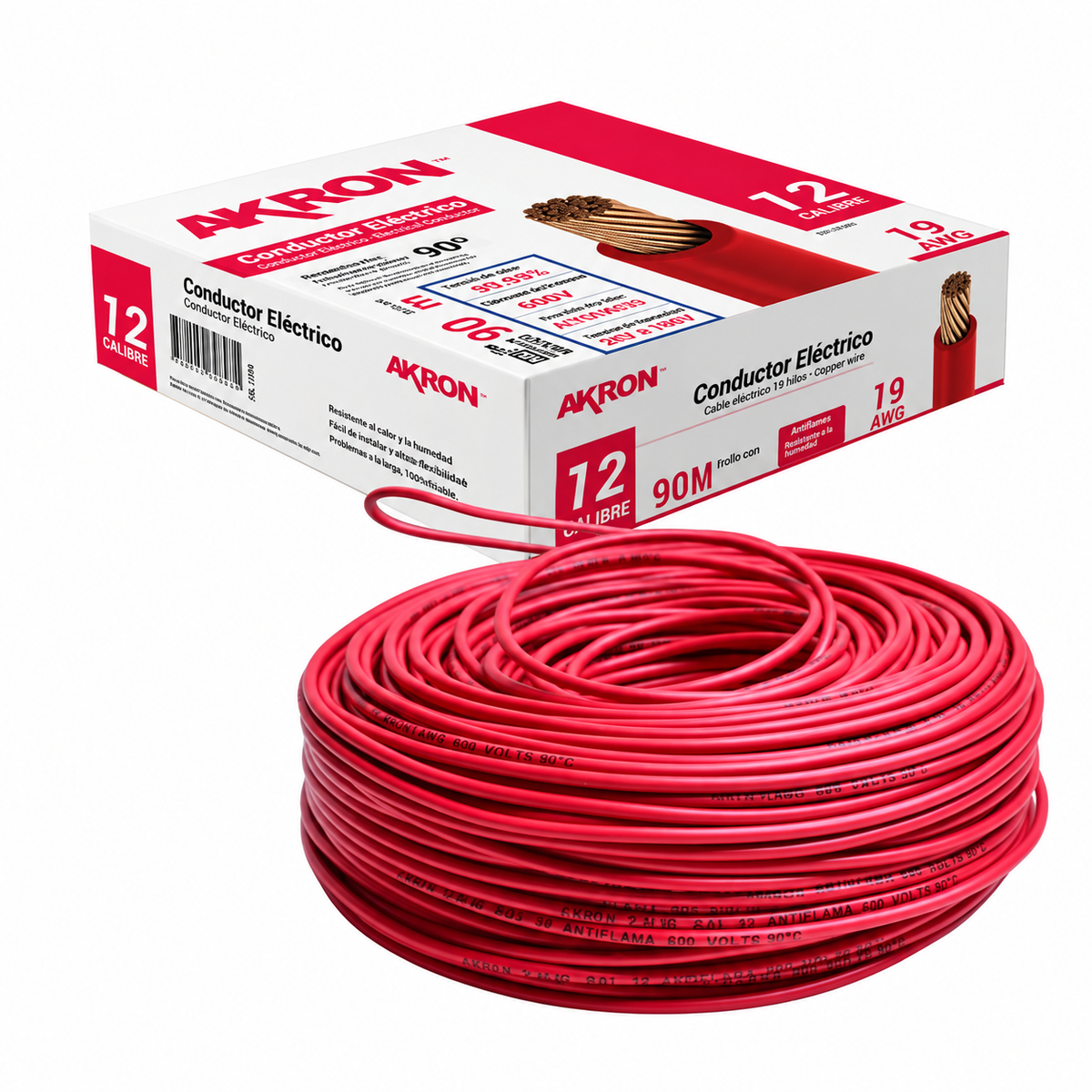 Cable de Cobre Akron 52-12R | Calibre 12 | 90 m | Rojo