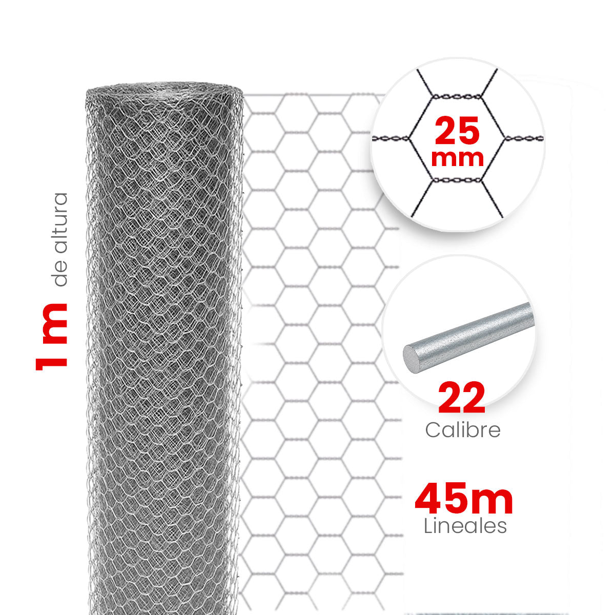 Malla Hexagonal Reforzada Akron 60-04R | Alto 1m | Largo 45m | Abertura 25mm | Calibre 22