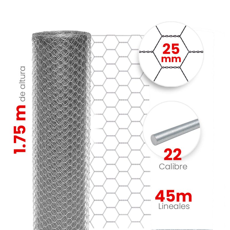 Malla Hexagonal Reforzada Akron 60-07R | Alto 1.75m | Largo 45m | Abertura 25mm | Calibre 22