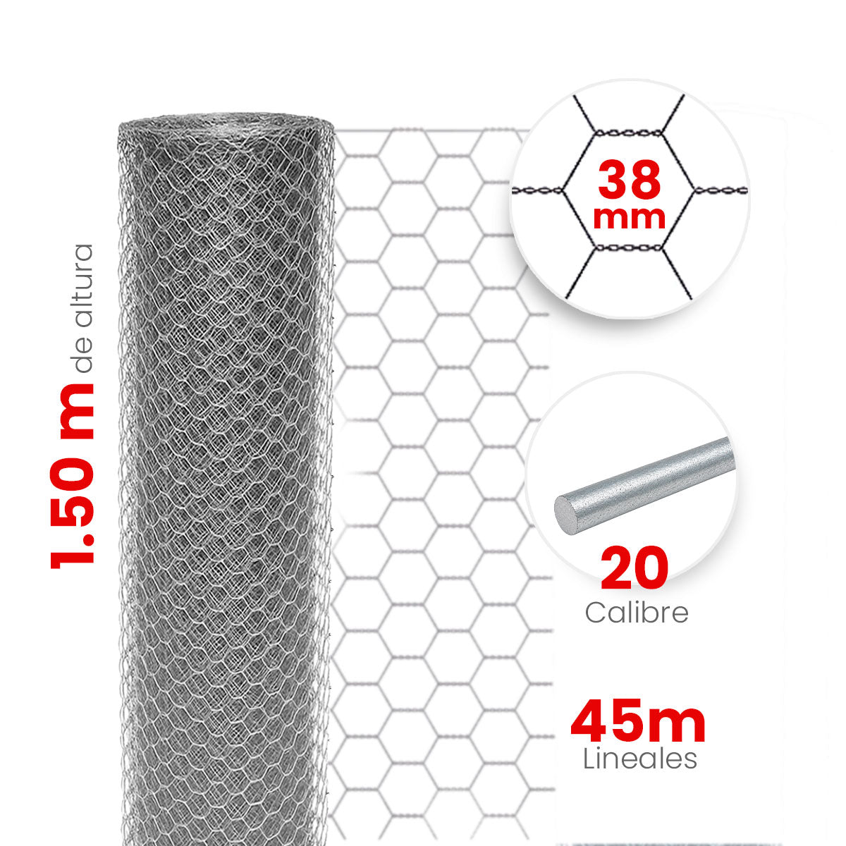 Malla Hexagonal Reforzada Akron 60-08R | Alto 1.50m | Largo 45m | Abertura  38mm | Calibre 20
