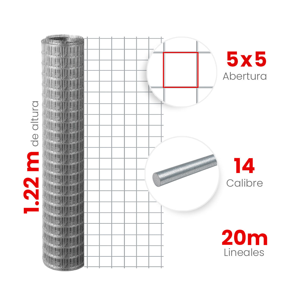 Multimalla Galvanizada Electrosoldada Akron 60-21 | Abertura 5 x 5cm | Altura 1.22m | Calibre 14 | Rollo 20m