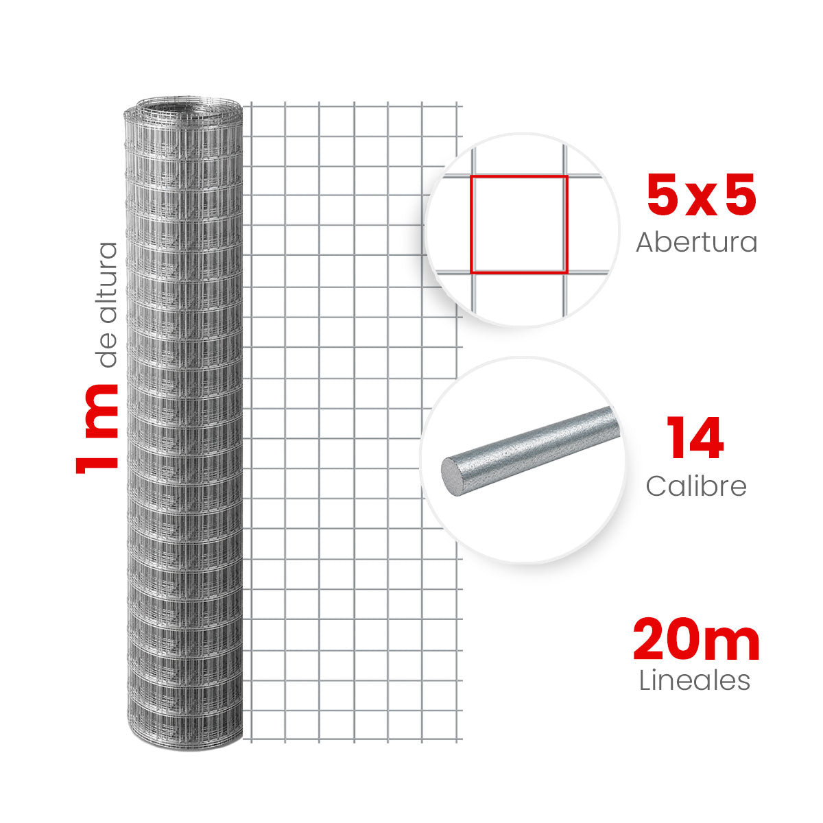 Multimalla Galvanizada Electrosoldada Akron 60-50 | Abertura 5 x 5cm | Altura 1.00m | Calibre 14 | Rollo 20m