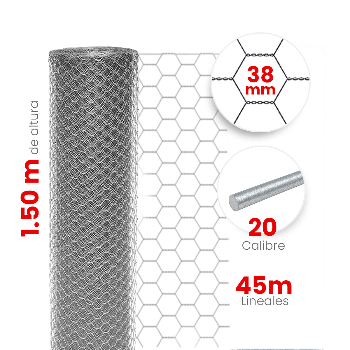 Malla Hexagonal Akron 60-08 | Alto 1.50m | Largo 45m | Abertura 38mm | Calibre 20