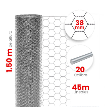 Malla Hexagonal Akron 60-08 | Alto 1.50m | Largo 45m | Abertura 38mm | Calibre 20