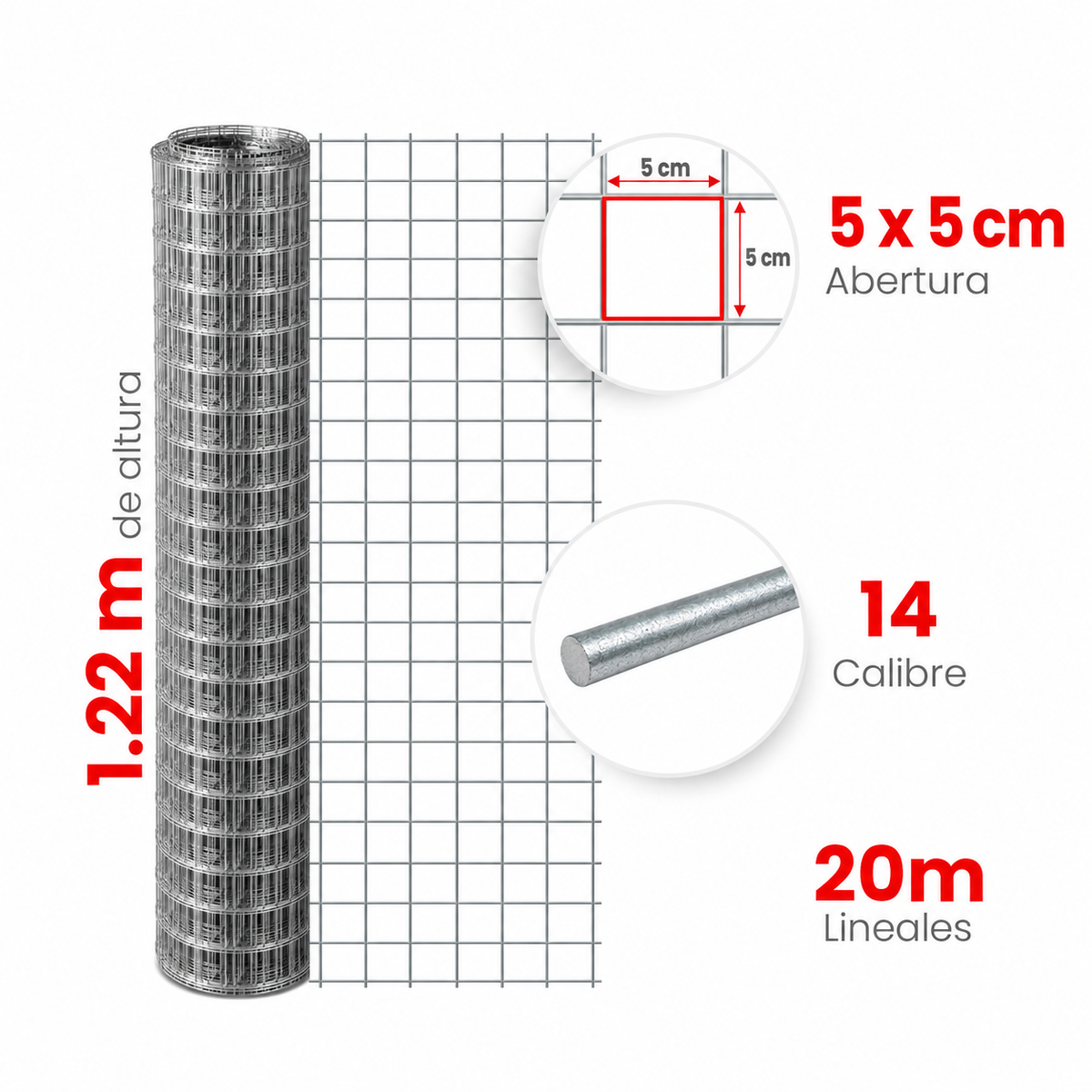 Multimalla Galvanizada Electrosoldada Akron 60-21 | Abertura 5 x 5cm | Altura 1.22m | Calibre 14 | Rollo 20m