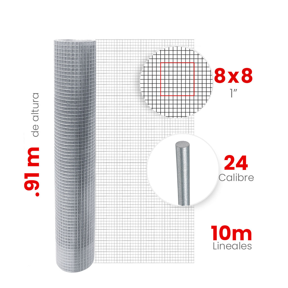 Malla Criba Ligera Galvanizada Akron 61-50 | Medida 8x8 | Largo 10m | Calibre 24