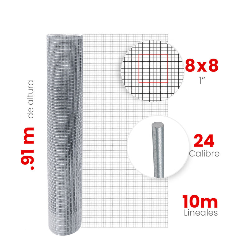 Malla Criba Ligera Galvanizada Akron 61-50 | Medida 8x8 | Largo 10m | Calibre 24