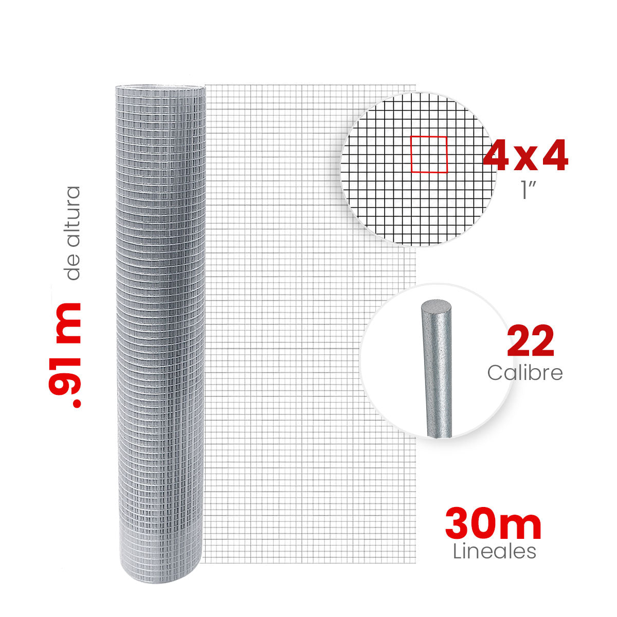 Malla Criba Ligera Galvanizada Akron 61-53 | Medida 4x4 | Largo 30m | Altura 0.91m | Calibre 22