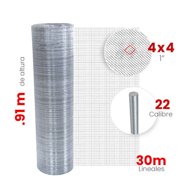 Malla Criba Ligera Galvanizada Akron 61-53 | Medida 4x4 | Largo 30m | Altura 0.91m | Calibre 22