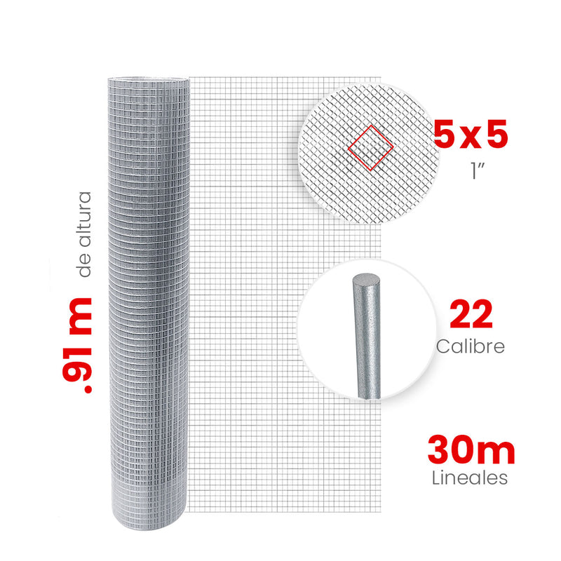 Malla Criba Ligera Galvanizada Akron 61-54 | Medida 5x5 | Largo 10m | Calibre 22