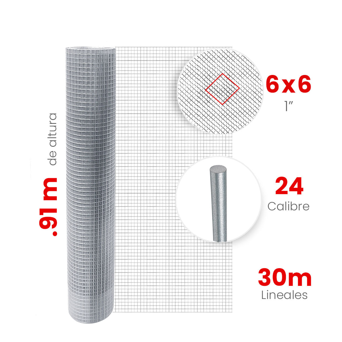 Malla Criba Ligera Galvanizada Akron 61-55 | Medida 6x6 | Largo 30 m | Calibre 24