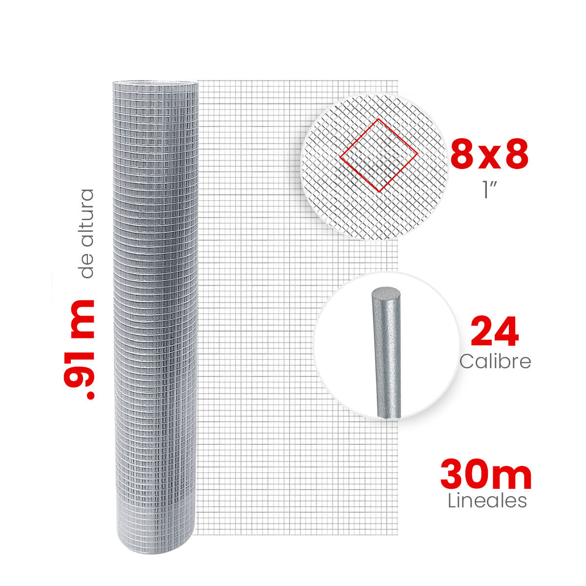 Malla Criba Ligera Galvanizada Akron 61-56 | Medida 8x8 | Largo 30m | Calibre 24