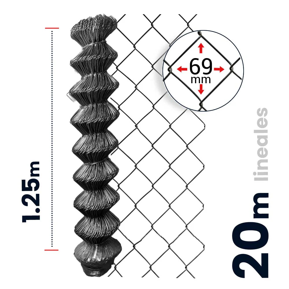 Malla Ciclónica Galvanizada de Acero Akron 62-44 | Medida 1.25x20m | Abertura 69mm | Calibre 12.5