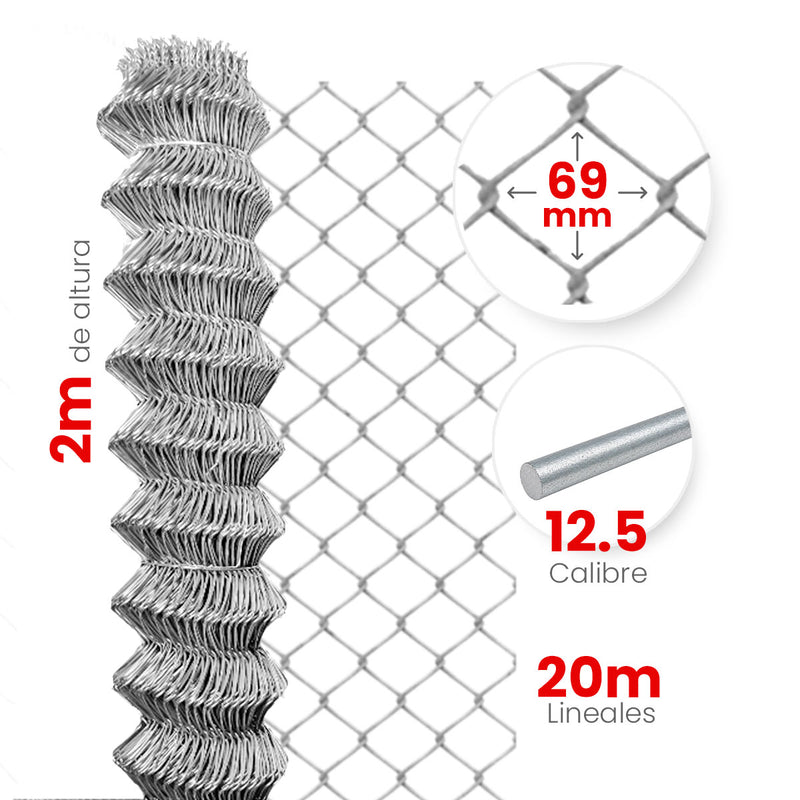 Malla Ciclónica Galvanizada de Acero Akron 62-47 | Medida 2x20m | Abertura 69mm | Calibre 12.5