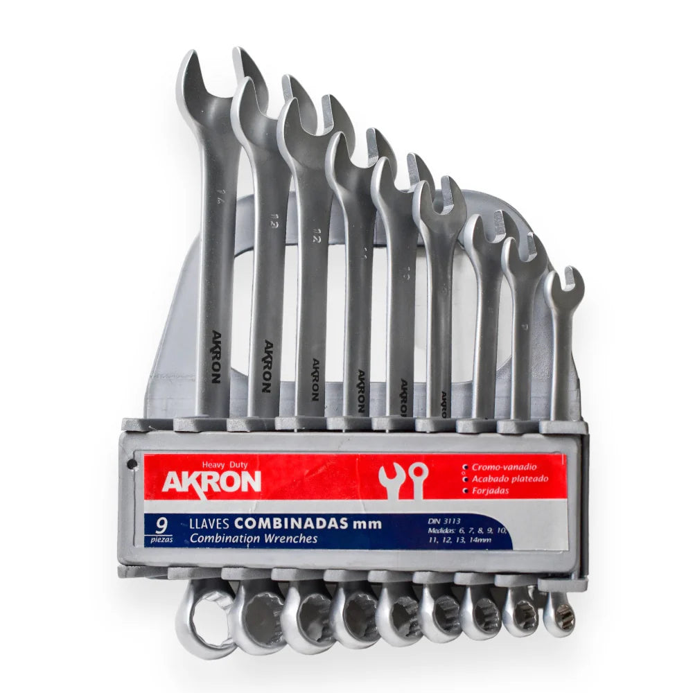 Juego de Llaves Combinadas 65-51 | 9 Piezas | Milimétricas | Cromo Vanadio  | Acabado Plateado