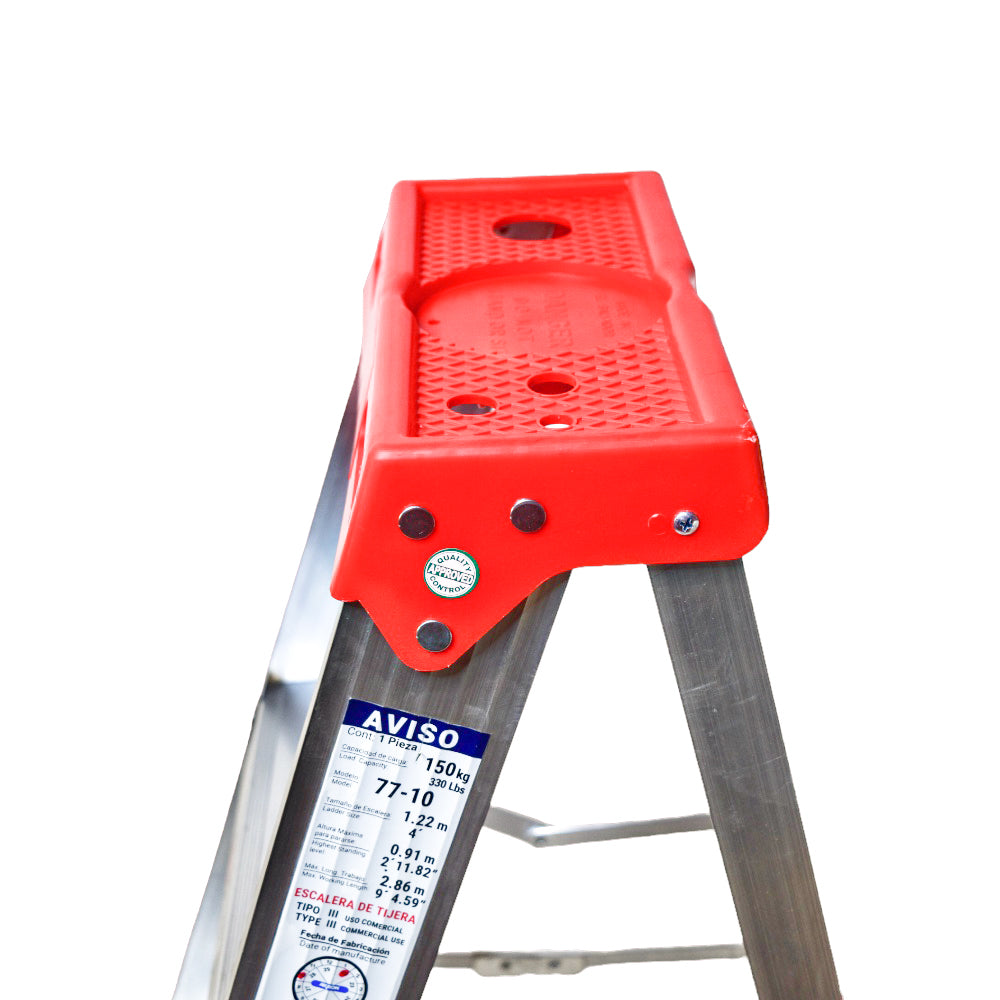 Escalera de Tijera Akron 77-10 | De Aluminio | Altura 1.15m | 3 Peldaños | Uso Comercial (Tipo III) con Plataforma y Porta Cubeta de Plástico