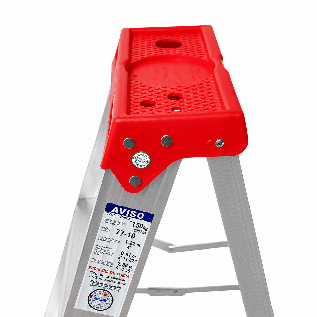 Escalera de Tijera Akron 77-10 | De Aluminio | Altura 1.15m | 3 Peldaños | Uso Comercial (Tipo III) con Plataforma y Porta Cubeta de Plástico
