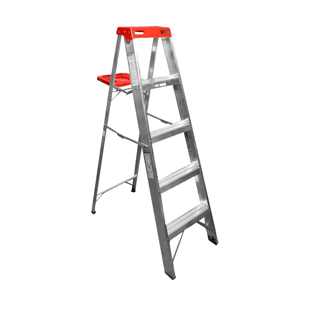 Escalera de Tijera Akron 77-11 | De Aluminio | Altura 1.44m | 4 Peldaños | Uso Comercial (Tipo III) con Plataforma y Porta Cubeta de Plástico