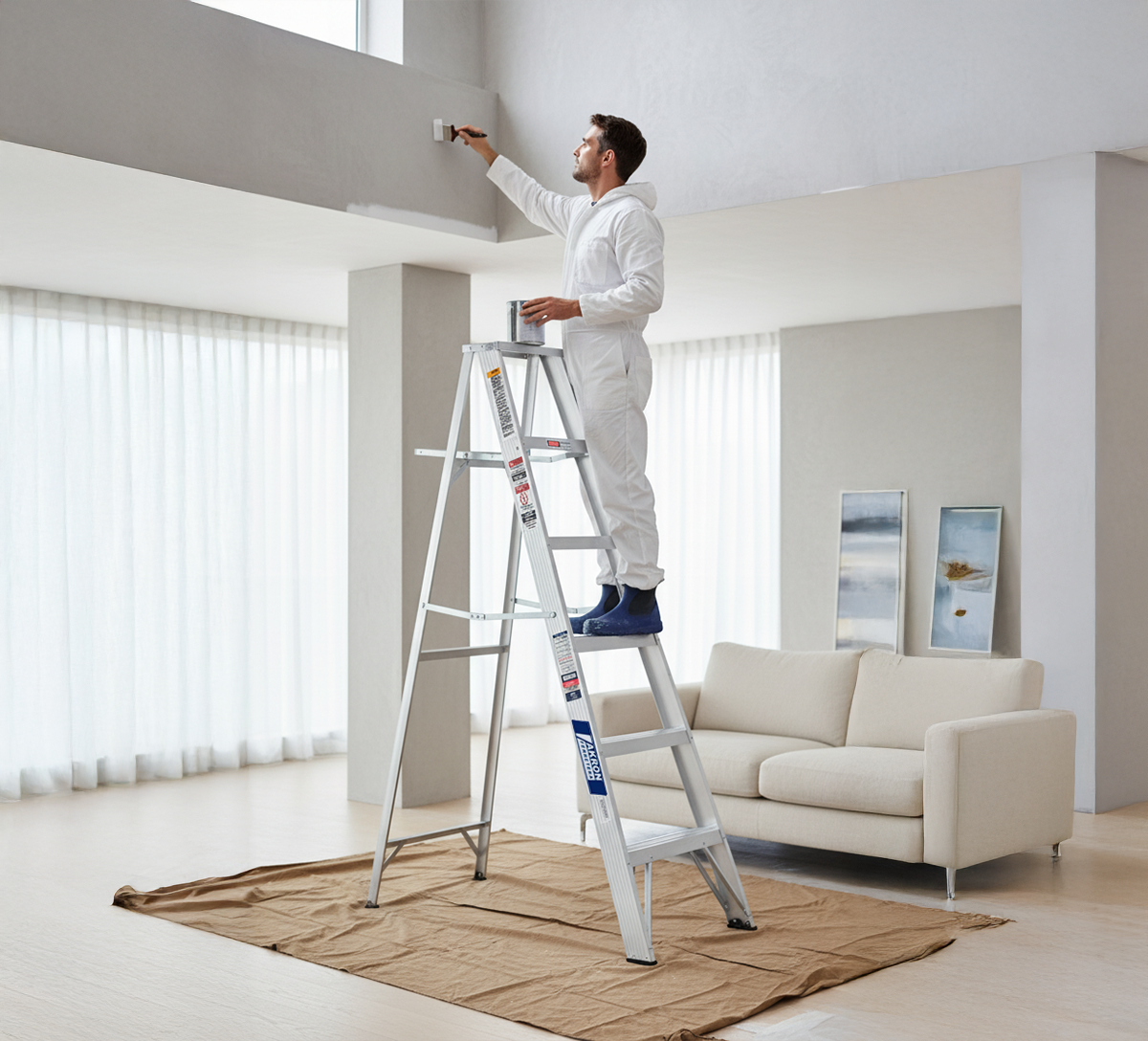 Escalera de Tijera Akron 77-15AL | De Aluminio | Altura 1.73m | 5 Peldaños | Uso Comercial (Tipo III) con Porta Cubeta de Aluminio