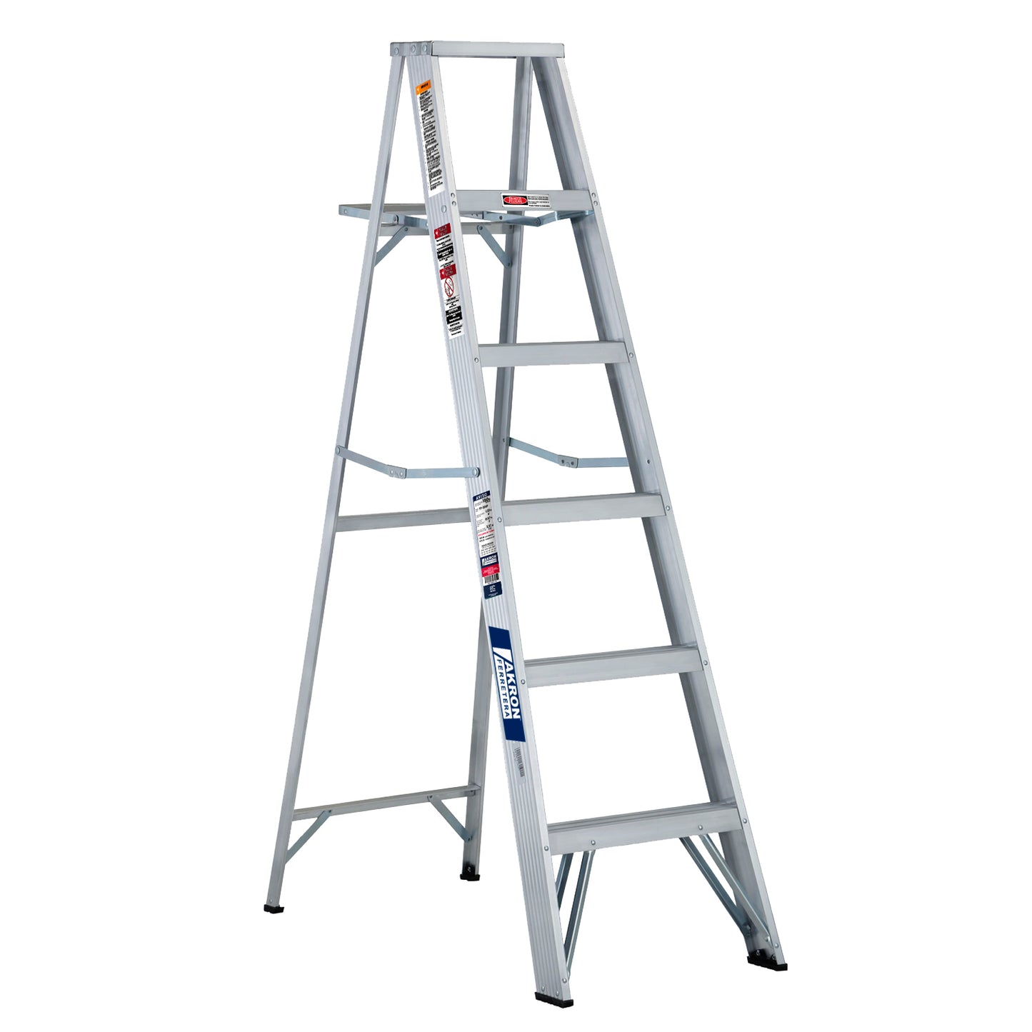 Escalera de Tijera Akron 77-15AL | De Aluminio | Altura 1.73m | 5 Peldaños | Uso Comercial (Tipo III) con Porta Cubeta de Aluminio