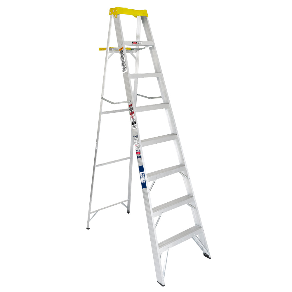 Escalera de Tijera Akron 77-22 | De Aluminio | Altura  2.31m | 7 Peldaños | Uso Profesional (Tipo II) con Plataforma y Porta Cubeta de Plástico