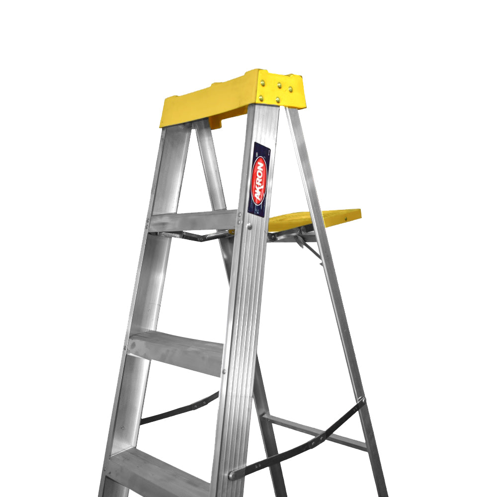 Escalera de Tijera Akron 77-22 | De Aluminio | Altura  2.31m | 7 Peldaños | Uso Profesional (Tipo II) con Plataforma y Porta Cubeta de Plástico