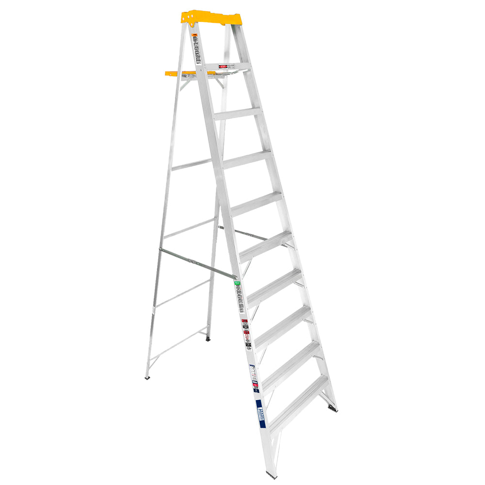 Escalera de Tijera Akron 77-24 | De Aluminio | Altura 2.91m | 9 Peldaños | Uso Profesional (Tipo II) con Plataforma y Porta Cubeta de Plástico