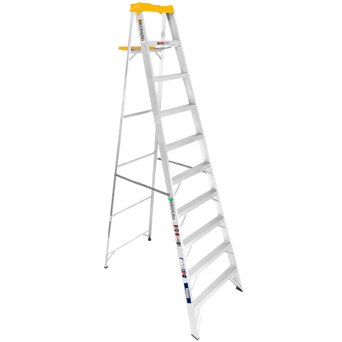 Escalera de Tijera Akron 77-24 | De Aluminio | Altura 2.91m | 9 Peldaños | Uso Profesional (Tipo II) con Plataforma y Porta Cubeta de Plástico