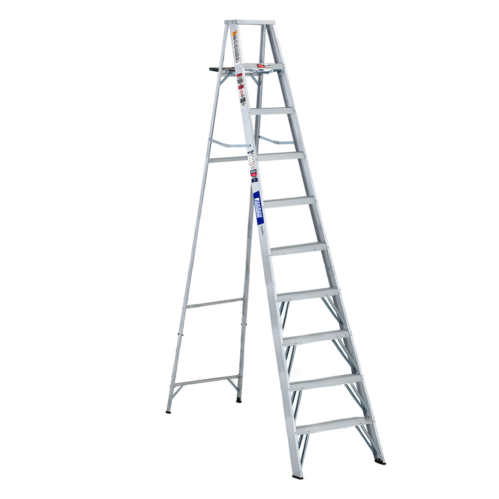 Escalera de Tijera Akron 77-27 | De Aluminio | Altura 2.91m | 9 Peldaños | Uso Profesional (Tipo II) con Porta Cubeta de Plástico