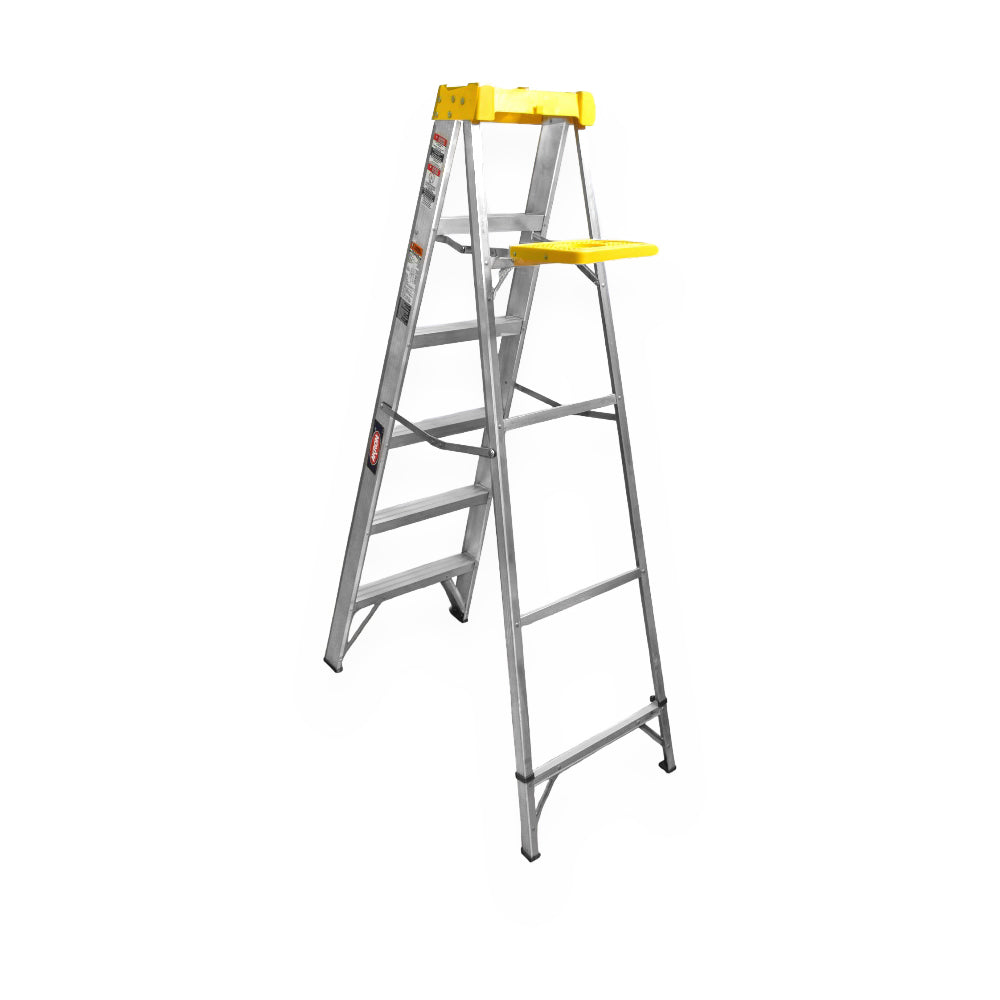 Escalera De Tijera Akron 79-17 | De Aluminio | 1.83m | 5 Escalones | Uso Profesional | Tipo ll | Con Plataforma Y Porta Cubeta Plástica